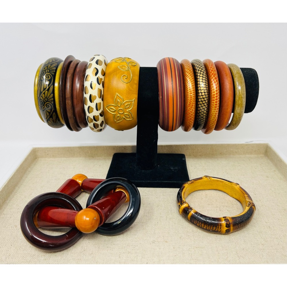 Vintage Wood Ethnic Bangle Bracelet Carved Floral Boho Lot of 13